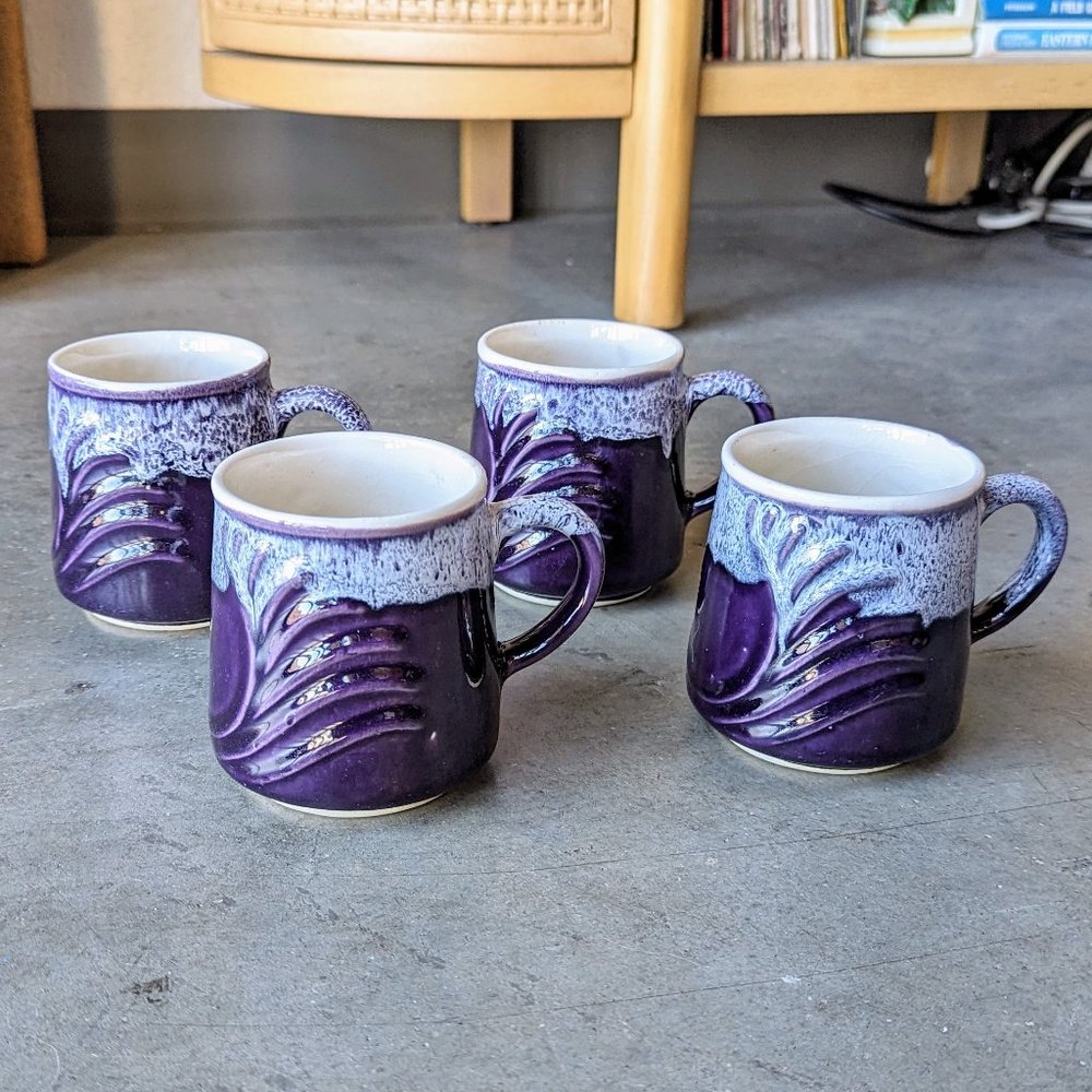 Vintage Ceramic Coffee Mugs Purple White Set of 4 Matching Cups